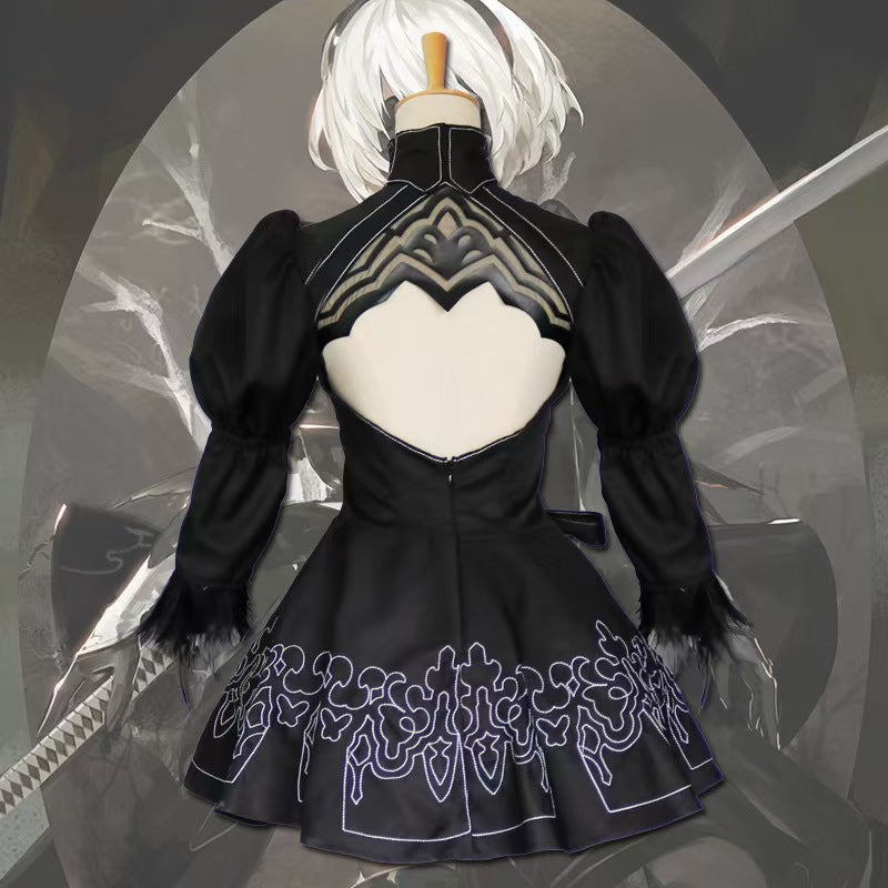 Gothic Android Girl 2B Cosplay Costume - Black Dress with Blindfold & Sword