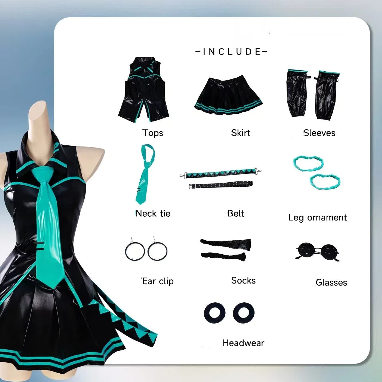 Teal Twin Miku Tails Patent Leather Skirt Cosplay Outfit - Idol Stage Costume