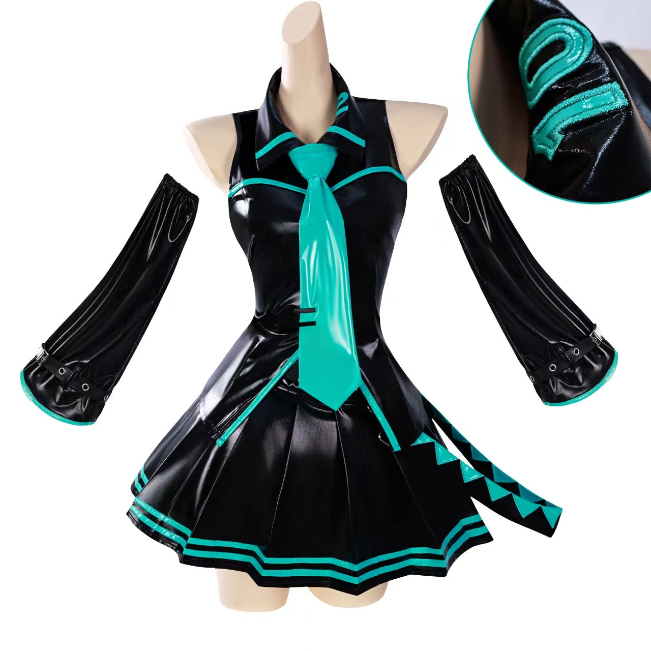 Teal Twin Miku Tails Patent Leather Skirt Cosplay Outfit - Idol Stage Costume