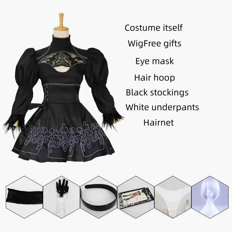 Gothic Android Girl 2B Cosplay Costume - Black Dress with Blindfold & Sword