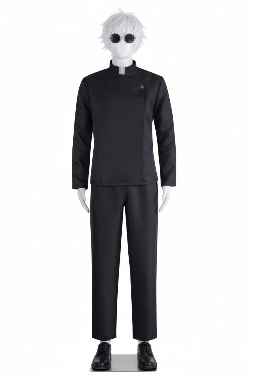 Black cosplay costume set - complete full-length display with pants to ankles