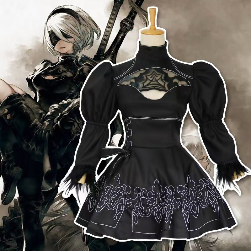 Gothic Android Girl 2B Cosplay Costume - Black Dress with Blindfold & Sword
