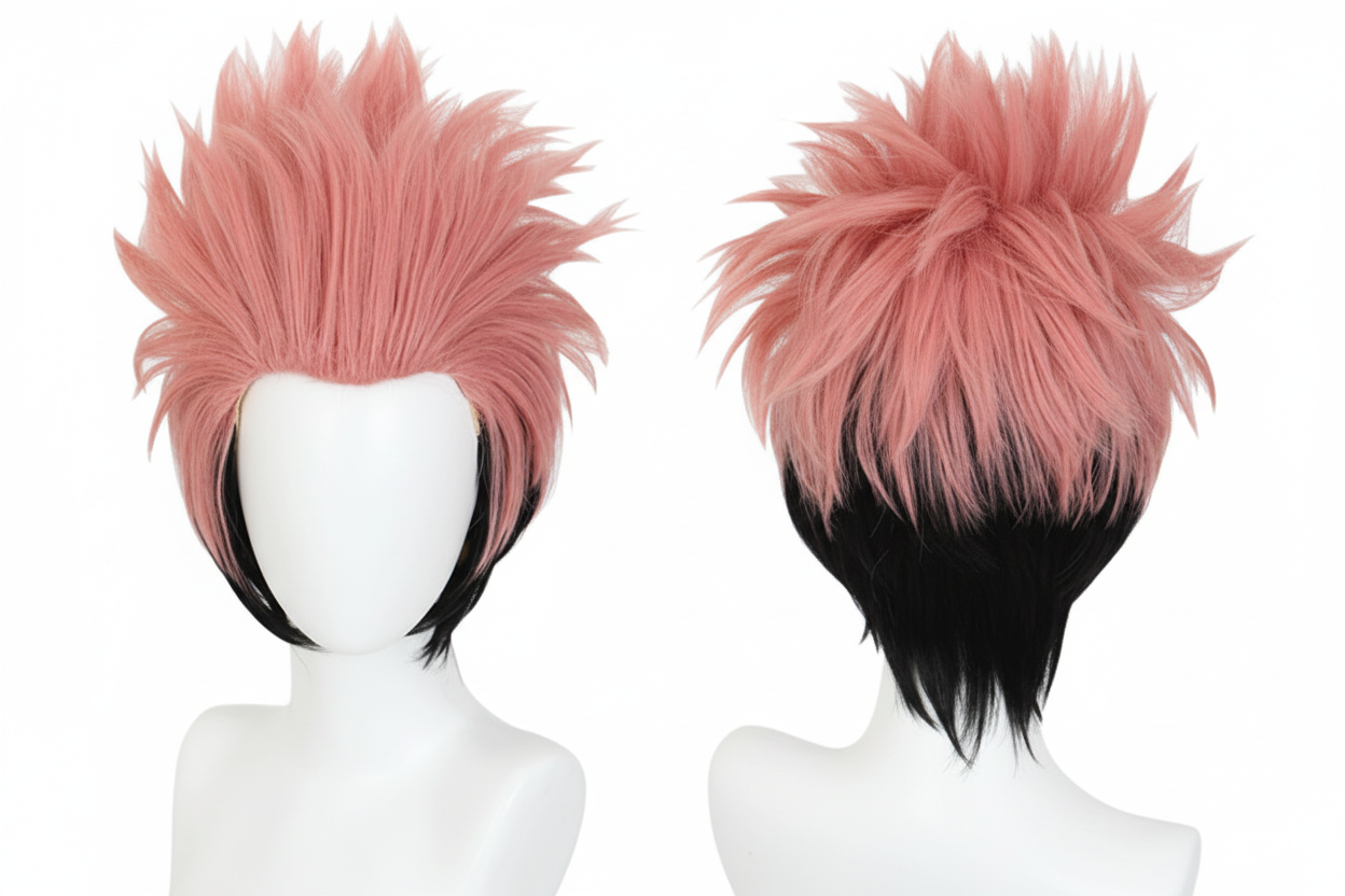 Pink and black anime cosplay wig - 4K front and back view