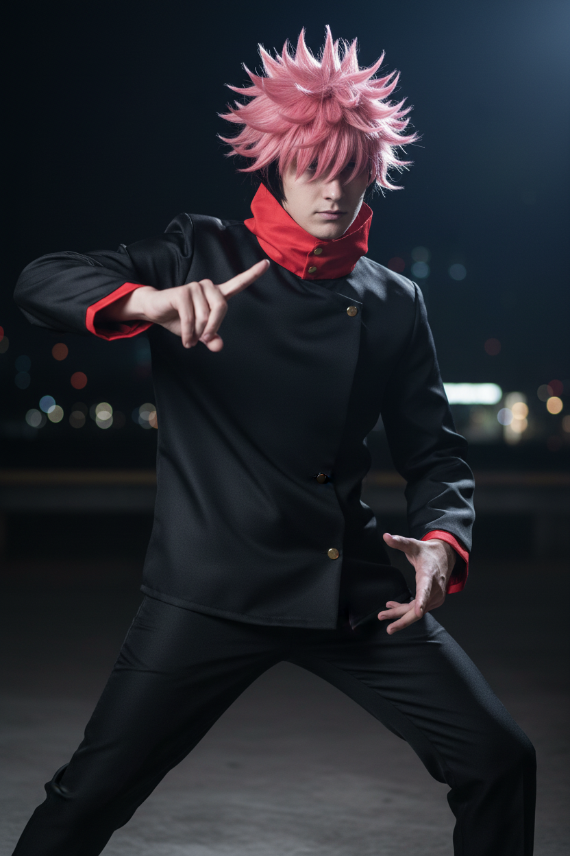 Real model cosplay photoshoot with pink wig and black costume