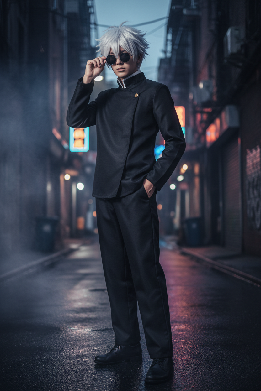 Real model cosplay photoshoot with white wig, black uniform and sunglasses