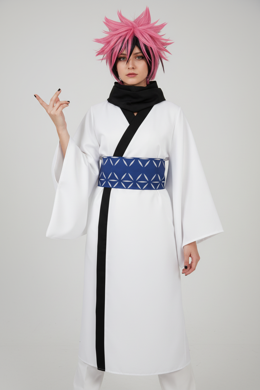 Real model cosplay recreating anime character with pink wig and white kimono