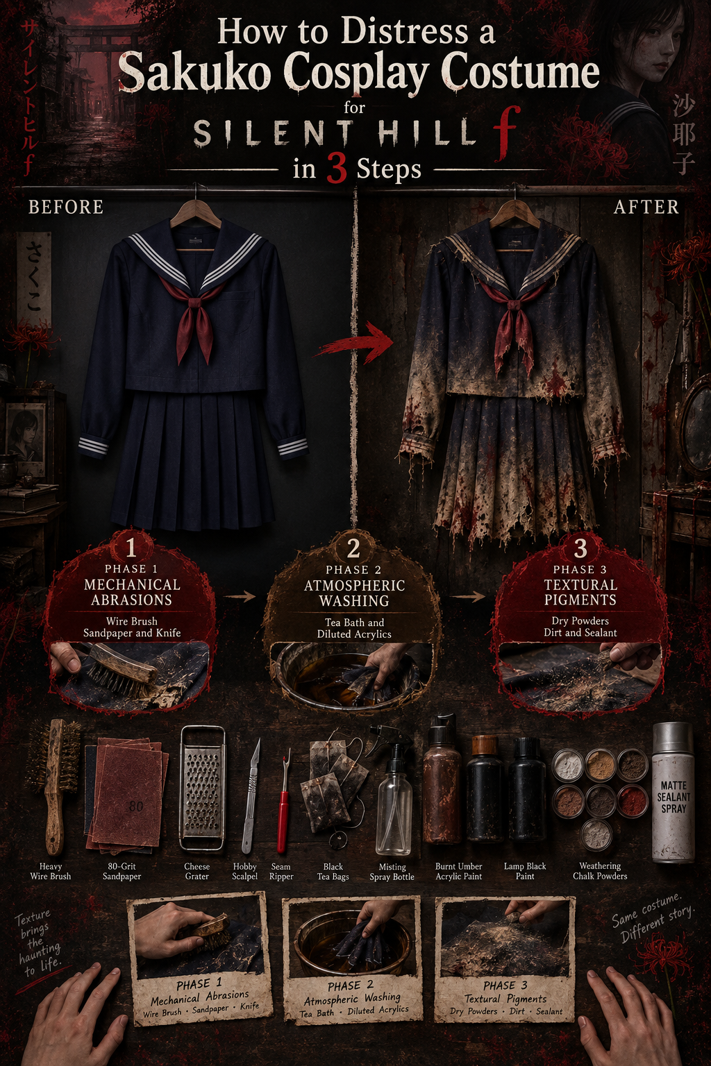 How to Distress a Sakuko Cosplay Costume for Silent Hill f in 3 Steps
