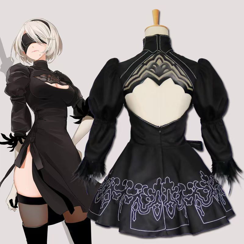 Gothic Android Girl 2B Cosplay Costume - Black Dress with Blindfold & Sword
