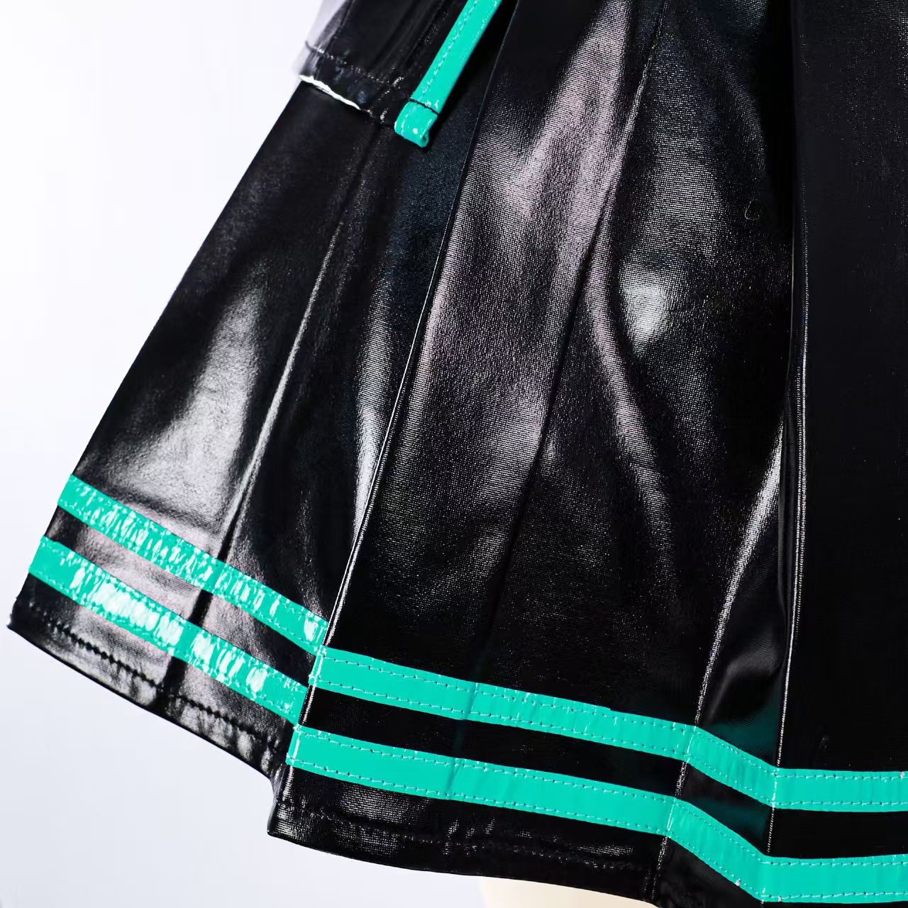 Teal Twin Miku Tails Patent Leather Skirt Cosplay Outfit - Idol Stage Costume
