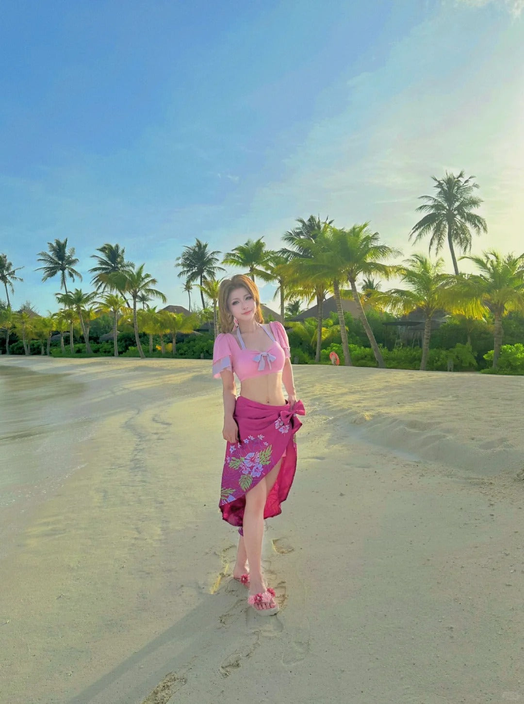 Final Fantasy Cosplay Costume  Aerith Printed Sun-Proof Beach Dress Costume Cosplay