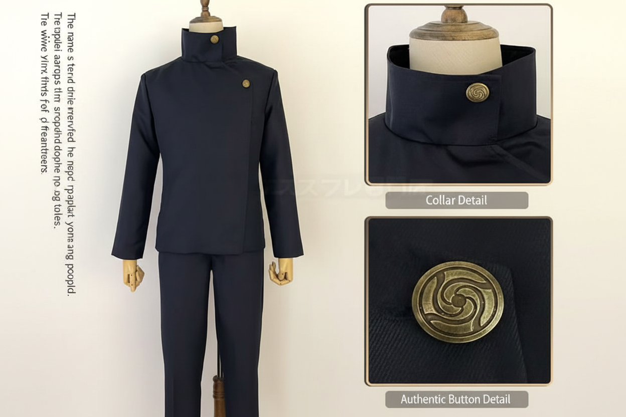 Navy high-collar jacket product image with English text