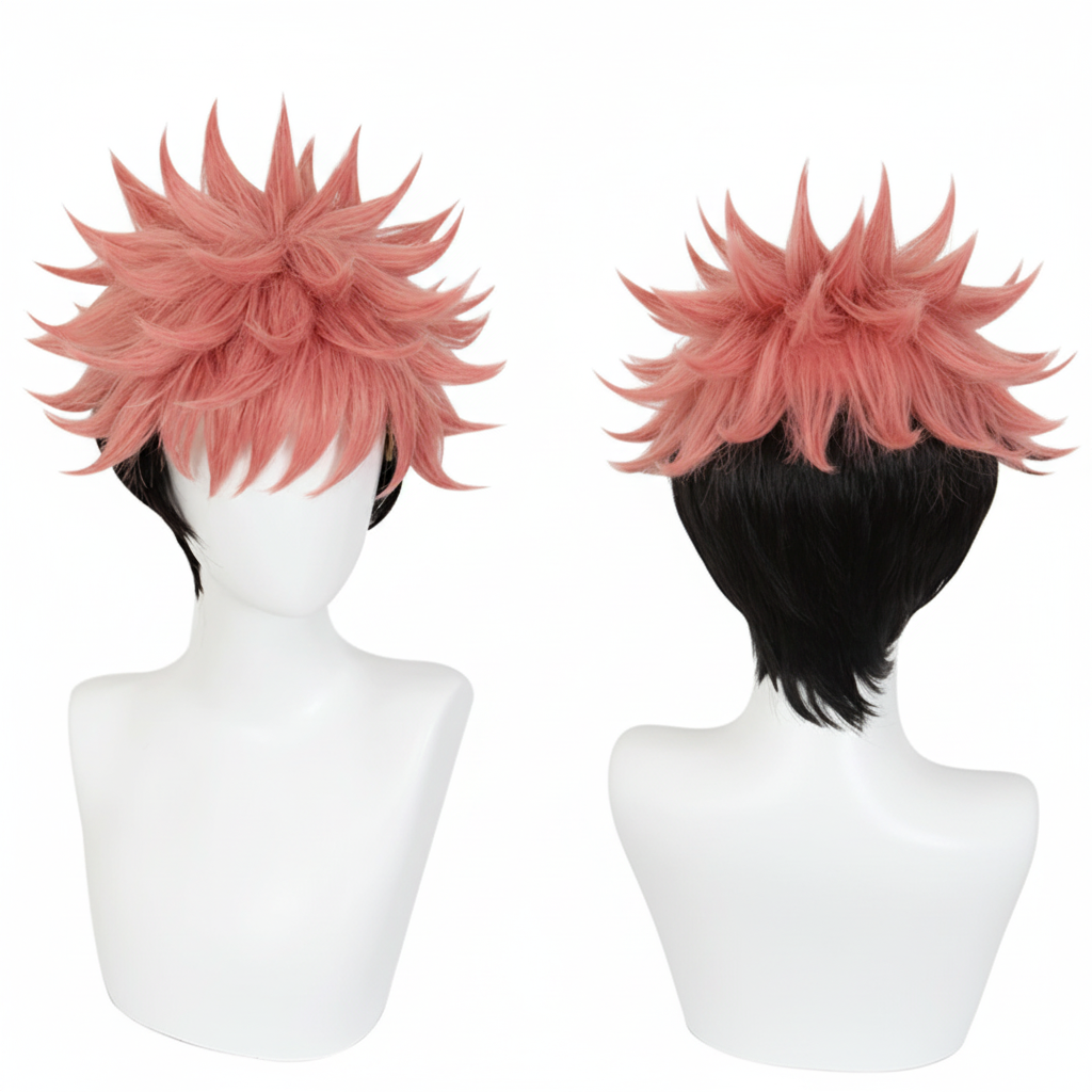 Pink and black anime cosplay wig - high resolution front and back view